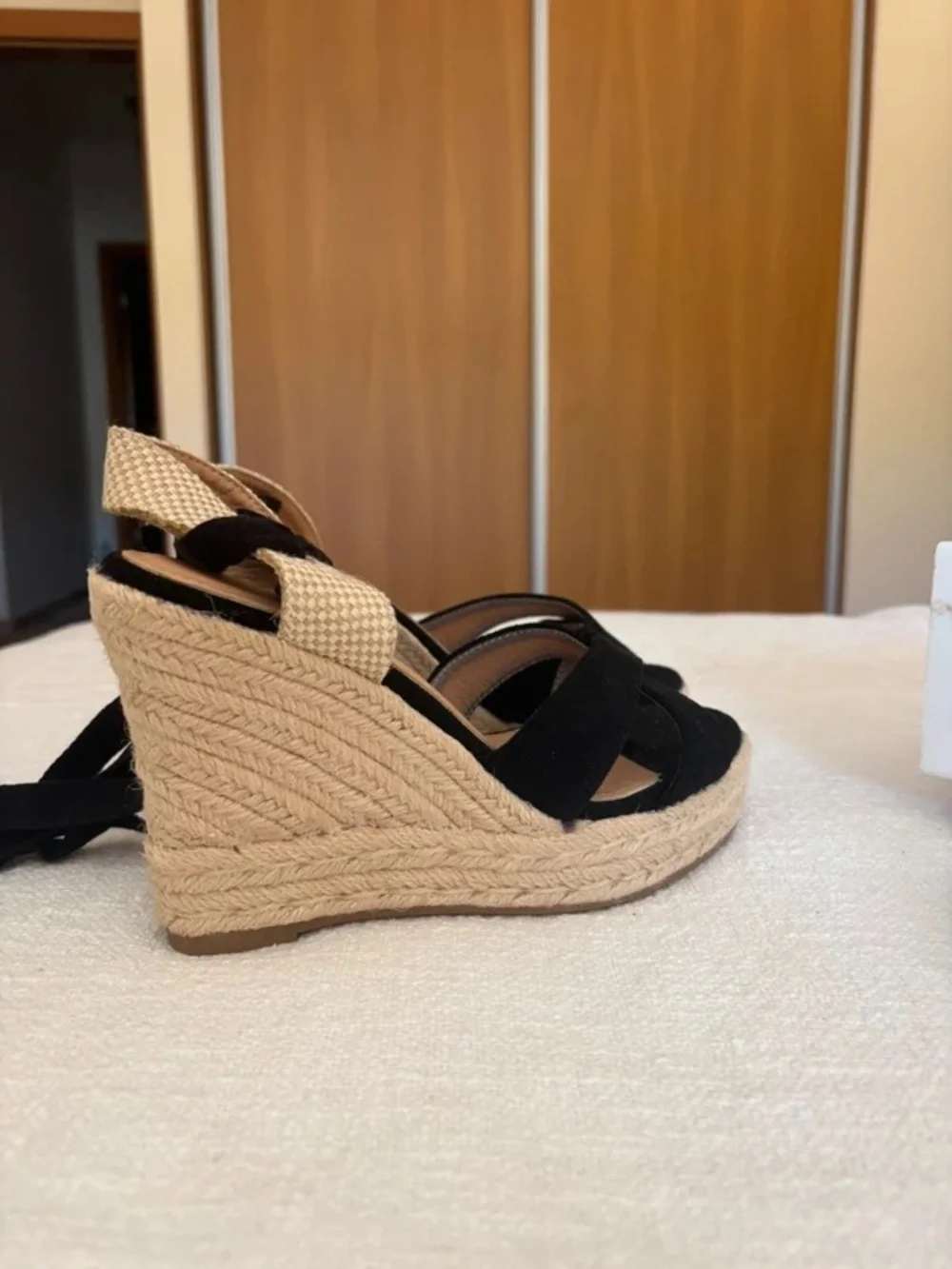 Dexter Black Suede Espadrille Wedge Sandals with Ankle Wrap